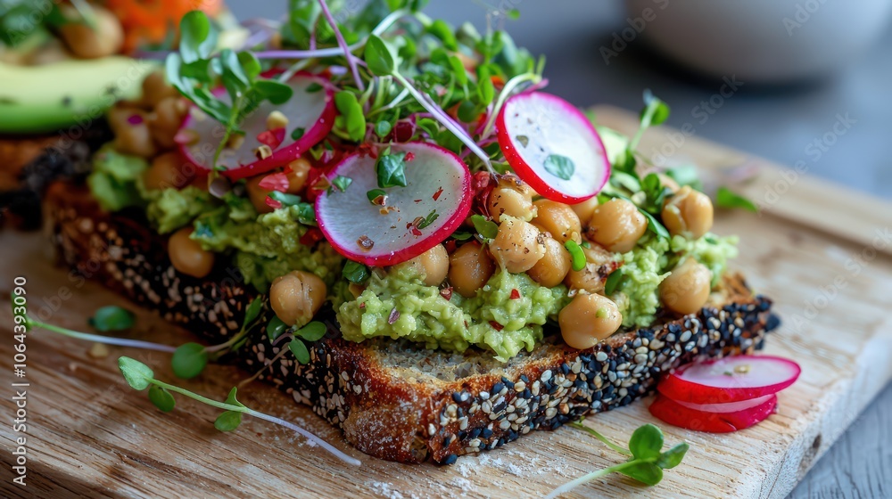 Delicious Avocado Toast with Chickpeas, Radishes, and Microgreens Delicious Avocado Toast with Chickpeas, Radishes, and Microgreens