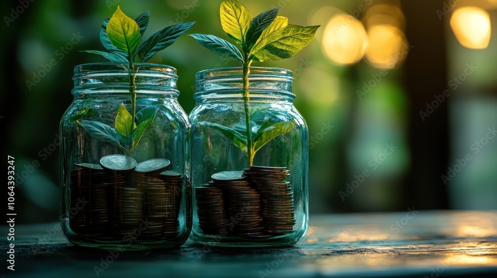 Two Glass Jars Filled with Coins and Growing Plants Two Glass Jars Filled with Coins and Growing Plants