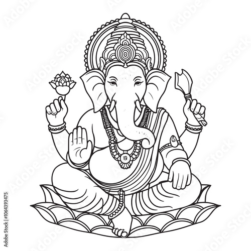 Detailed line art drawing of Lord Ganesha representing wisdom and prosperity against a transparent background. Spiritual illustration concept