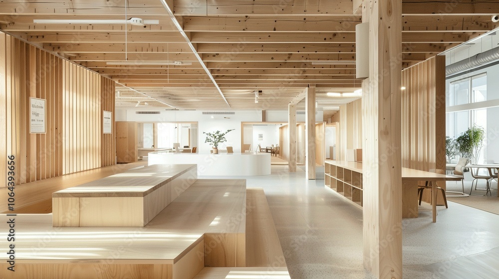 Bright and Airy: Wooden and White Open Office Interior with Clean White Walls Bright and Airy: Wooden and White Open Office Interior with Clean White Walls