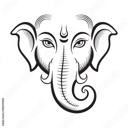 Elegant Line Art Portrait of Lord Ganesha, Hindu Deity of Wisdom and Auspicious Beginnings. Spiritual Illustration Concept