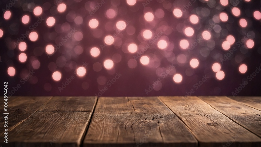 Rustic wood board table surface with purple wall and pink bokeh lights mockup background