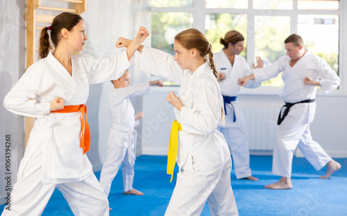 Teen girl is paired with mother to learn how to strike and rehearses blocking opponent, using karate technique