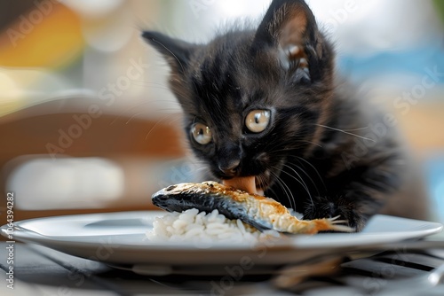 Cute black kitten eats rice with fish in a plate.