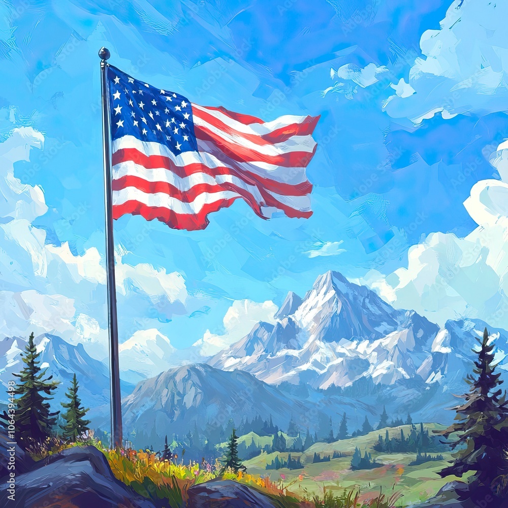 Obraz premium American flag flying over mountain landscape, bright blue sky, symbolizes freedom and sacrifice, high-quality detail, veterans day background, veterans day banner, Veterans Day