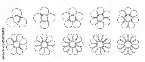 Set of flower diagrams with cores and petals. Pie charts divided on equal segments in leaf shapes isolated on white background. Floral templates for data presentation. Vector outline illustration.