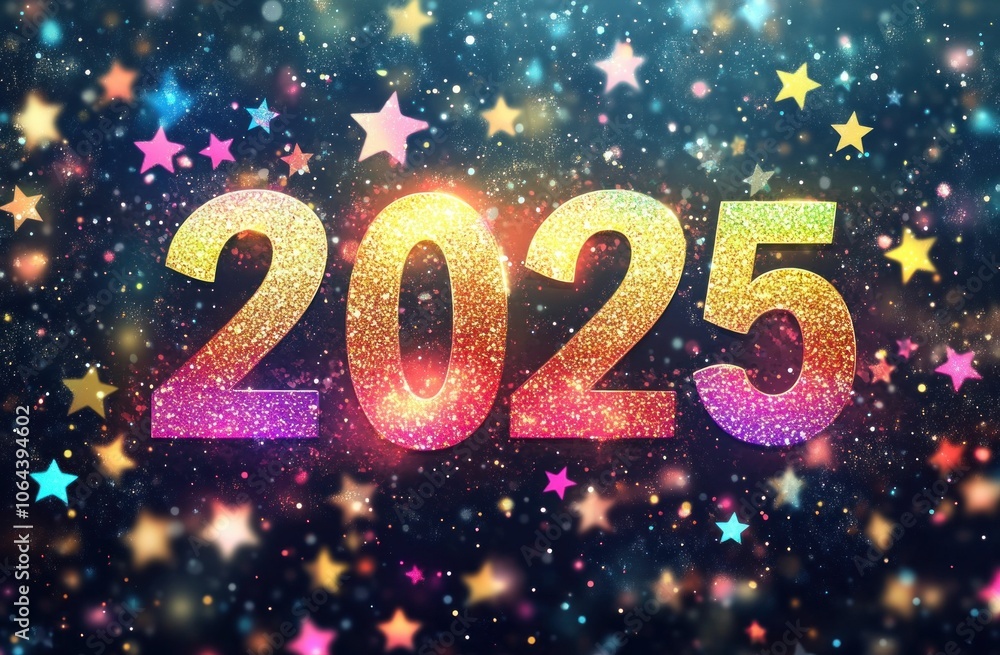 New Year celebrations with colorful glitter and sparkling stars on a dark background, ideal for festive themes and party invitations or social media posts New Year celebrations with colorful glitter and sparkling stars on a dark background, ideal for festive themes and party invitations or social media posts