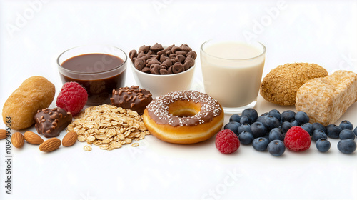 A variety of healthy, wholesome foods with a chocolate glazed doughnut 