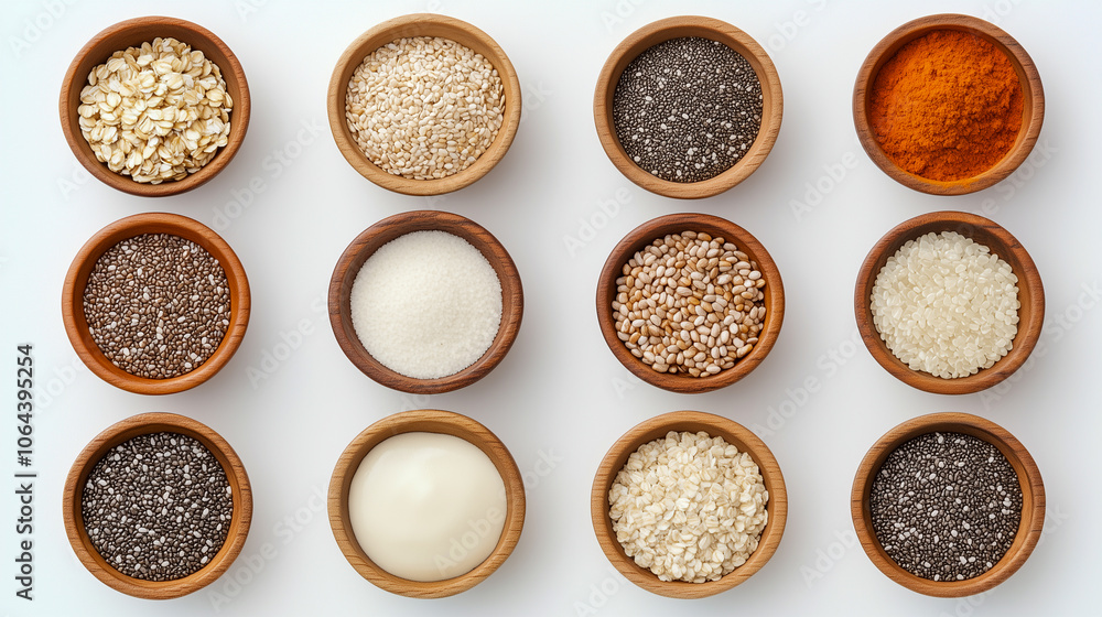 A vibrant arrangement of organic ingredients in wooden bowls showcases chia seeds, spices, and grains, highlighting a healthy culinary lifestyle A vibrant arrangement of organic ingredients in wooden bowls showcases chia seeds, spices, and grains, highlighting a healthy culinary lifestyle