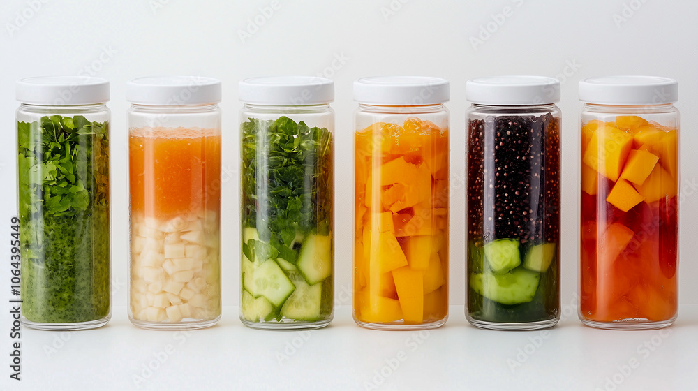 A vibrant collection of assorted fermented foods displayed in clear glass jars, featuring a colorful array of textures and hues from vegetables and fruits, symbolizing healthy probiotic rich cuisine A vibrant collection of assorted fermented foods displayed in clear glass jars, featuring a colorful array of textures and hues from vegetables and fruits, symbolizing healthy probiotic rich cuisine