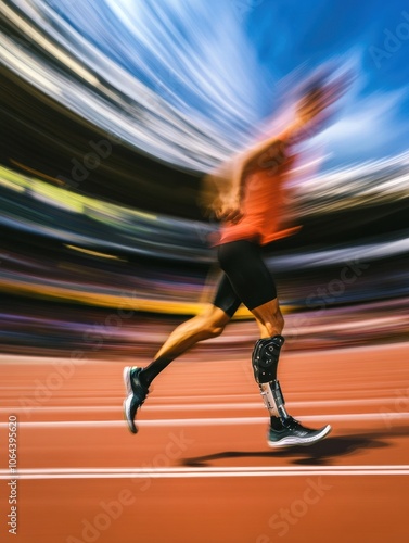 A determined athlete runs swiftly on a track, showcasing their prosthetic leg, embodying strength and resilience in competition. Generative AI