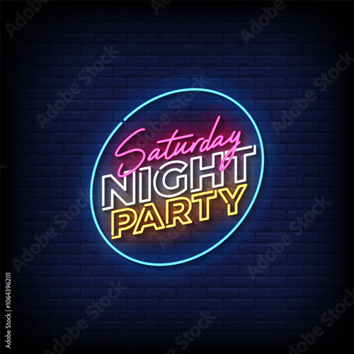 saturday night party neon sign vector with brick wall background