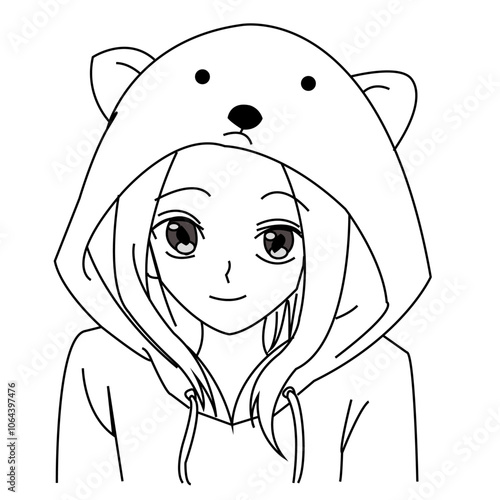 Anime Girl Wearing Bear Hoodie With Big Eyes And Long Hair