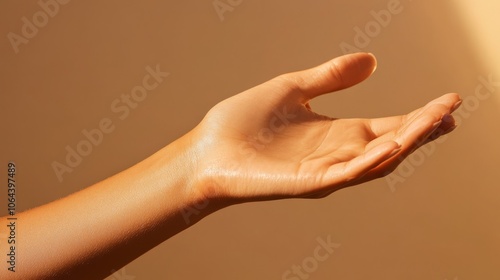 close-up of tanned feminine wrist, smooth skin texture, warm golden lighting, soft shadows, minimalist composition, studio photography, beauty product advertisement style