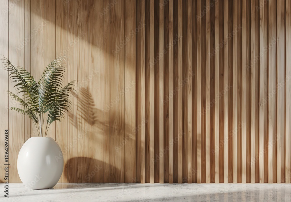 Minimalist interior design with a wooden wall, a potted plant, and sunlight streaming through a window