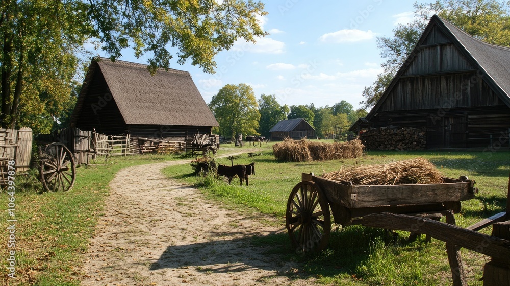 Obraz premium Rustic Farm Scene with Wagons and Barns