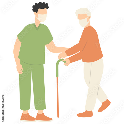 Volunteers Character with Old People. Care and Helping. Flat Vector Illustration.