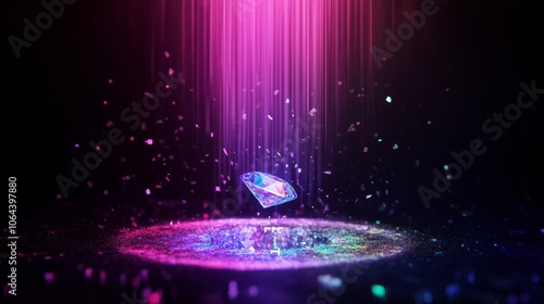 cinematic cgi scene, hovering gemstone in blackness, piercing column of light from ceiling, prismatic spray of colors, pdm lettering manifested in spectral hues on ground, optical phenomenon photo