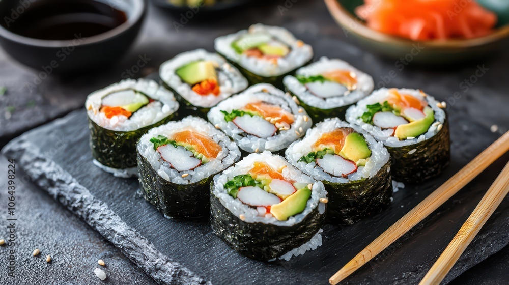 Delicious Salmon Avocado Sushi Rolls with Chopsticks Delicious Salmon Avocado Sushi Rolls with Chopsticks