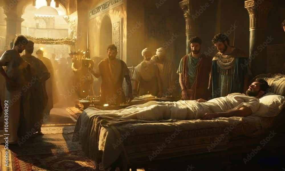 A dimly lit room in Babylon, showing Alexander lying on a bed, looking weak and ill. Doctors and advisors surrounding him, their faces filled with concern and uncertainty A dimly lit room in Babylon, showing Alexander lying on a bed, looking weak and ill. Doctors and advisors surrounding him, their faces filled with concern and uncertainty