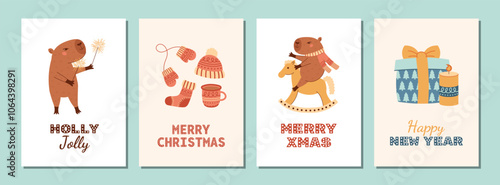 Greeting cards set with cute Christmas capybara in warm clothes, with sparklers, gift box, candle. Winter new year poster collection with mittens, hat and sock. Vector Flat Illustration.