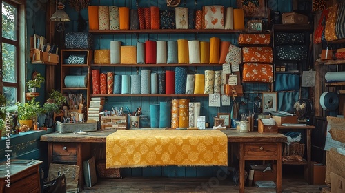 Colorful fabric rolls on wooden shelves.