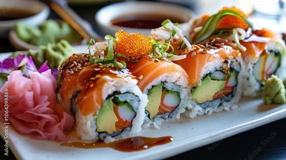 Delicious Salmon Sushi Rolls with Avocado and Sesame Seeds Delicious Salmon Sushi Rolls with Avocado and Sesame Seeds