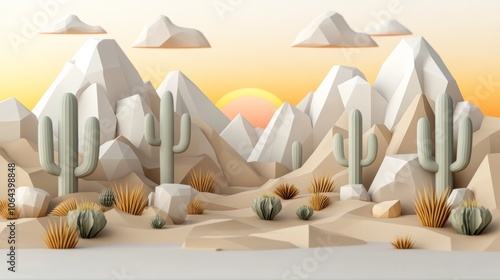 Modern desert landscape with mountains and cacti photo