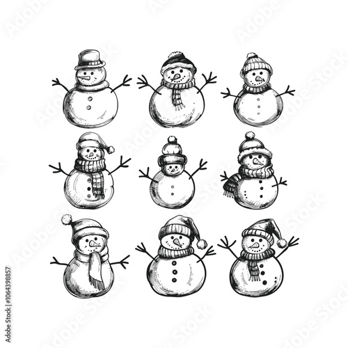 Set of snowman vintage sketch design vector