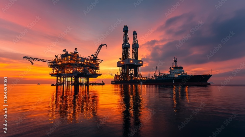 Oil rigs at sunset over calm waters. Oil rigs at sunset over calm waters.