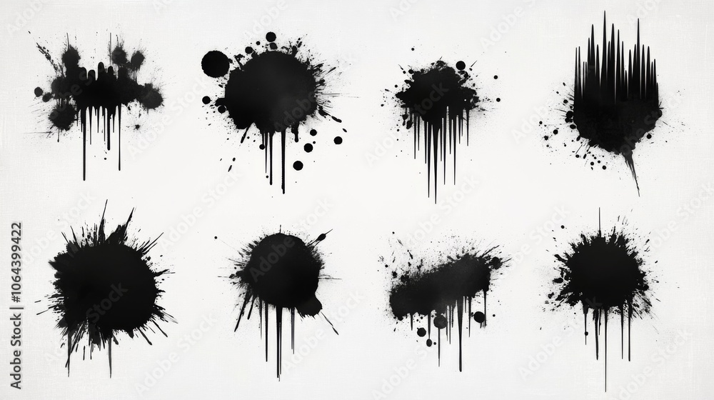 Geometric Ink Splash Illustration Set with Stencil Frame and Drip Spray Brush. Graffiti Design for Sticker Decoration on White Background. Geometric Ink Splash Illustration Set with Stencil Frame and Drip Spray Brush. Graffiti Design for Sticker Decoration on White Background.