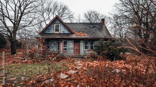 Eerie and abandoned cottage surrounded by fallen autumn leaves and overgrown shrubs, under a gloomy sky.