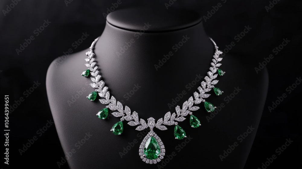 luxurious emerald and diamond necklace, intricate floral design, pear-shaped center stone, smaller pear drop, white gold setting, displayed on black mannequin neck, dark background, high-end jewelry luxurious emerald and diamond necklace, intricate floral design, pear-shaped center stone, smaller pear drop, white gold setting, displayed on black mannequin neck, dark background, high-end jewelry