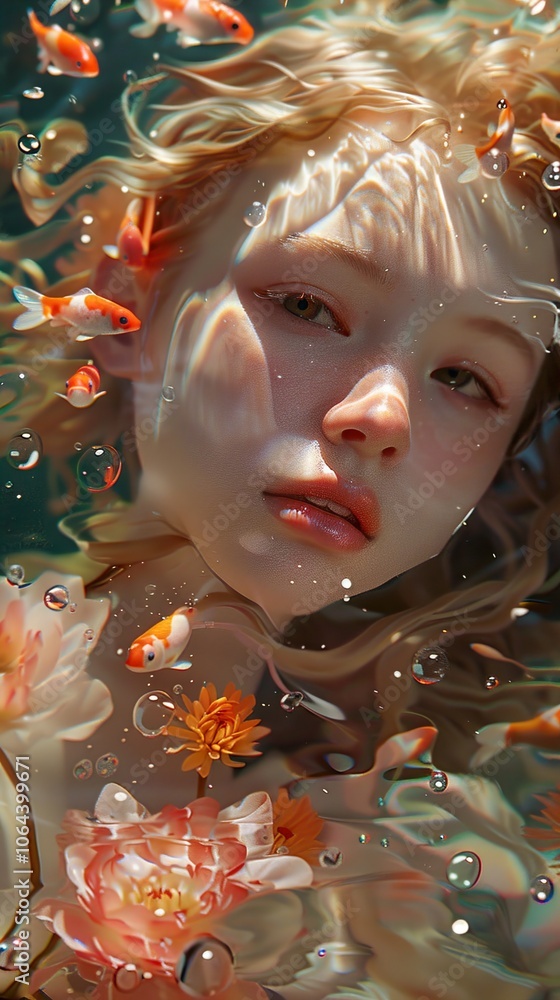 Dreamy Underwater Portrait of a Woman with Golden Fish and Sunlight Dreamy Underwater Portrait of a Woman with Golden Fish and Sunlight