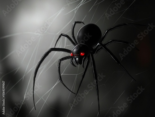 A black widow spider with red eyes sitting on a web photo