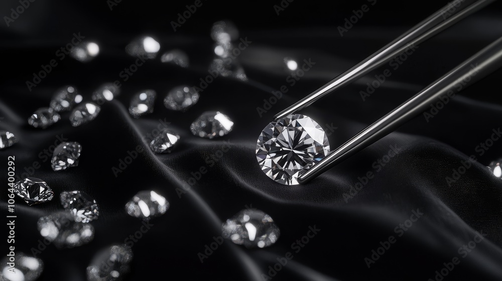 precision gemstone handling visualization, polished tweezers presenting prime cut diamond, scattered high-quality diamonds on velvet-like surface, dramatic side lighting to accentuate facets and precision gemstone handling visualization, polished tweezers presenting prime cut diamond, scattered high-quality diamonds on velvet-like surface, dramatic side lighting to accentuate facets and