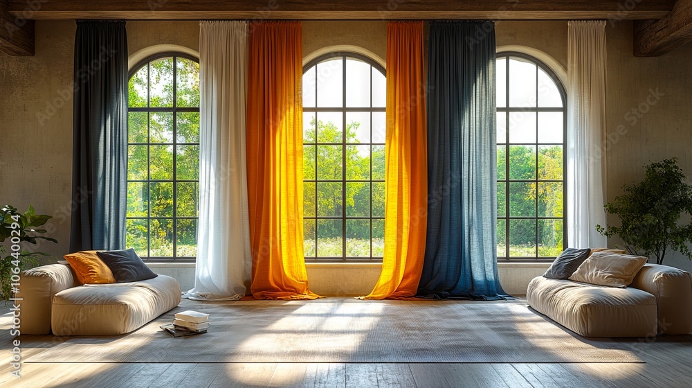 Fototapeta premium A living room with two couches and two windows with curtains