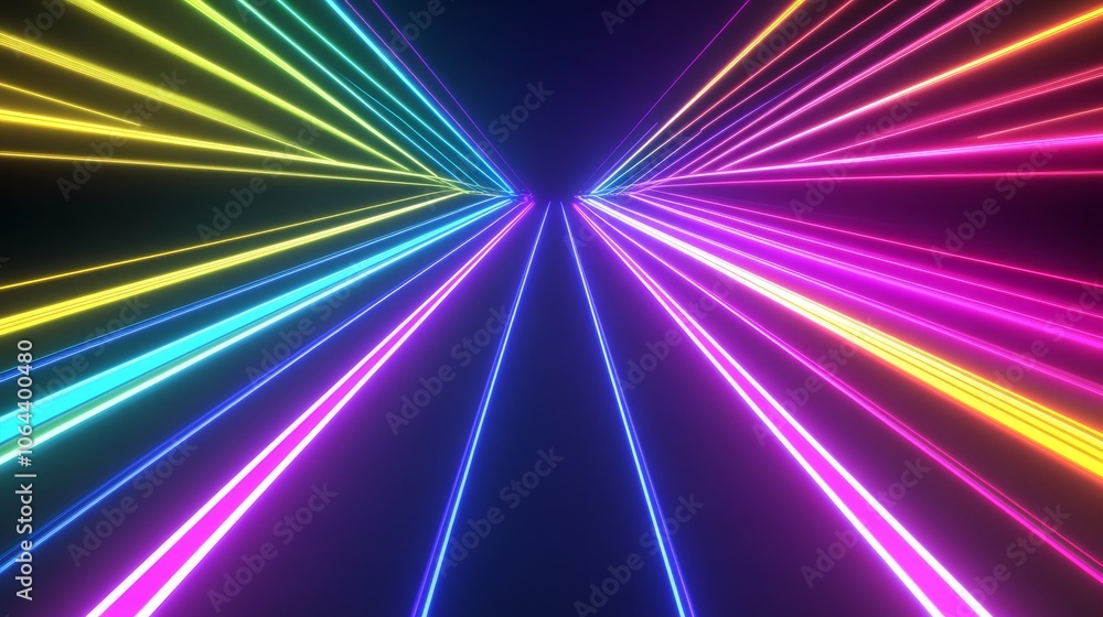 psychedelic light spectrum display, radiant color beams, dark void background, abstract energy flow visualization, high-tech holographic imagery style