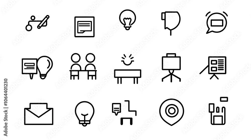 Set of minimalist line art icons depicting various professional meeting and interview symbols in a clean modern style on a white background  Representing concepts such as classroom discussion