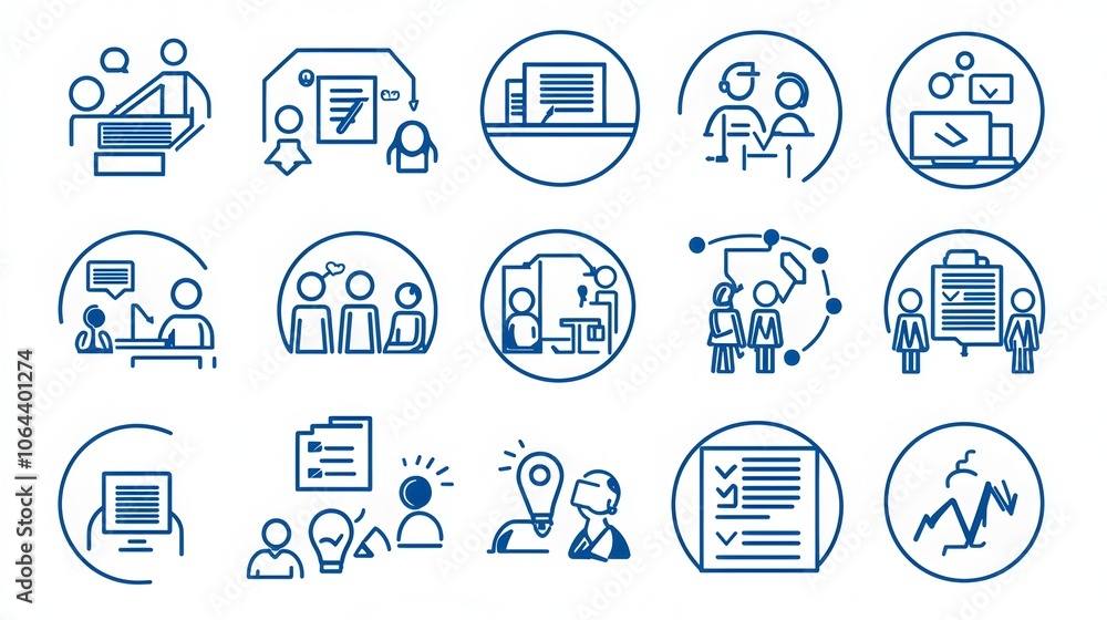Detailed Collection of Team Meeting Icons in Minimalist Line Art Style Featuring Various Work Discussion and Symbols on a Clean White Background Detailed Collection of Team Meeting Icons in Minimalist Line Art Style Featuring Various Work Discussion and Symbols on a Clean White Background