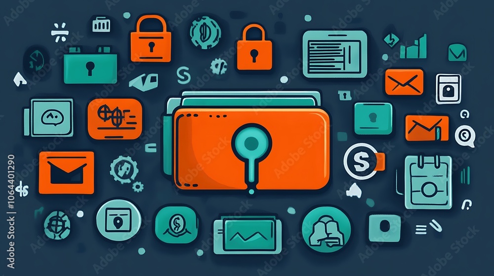 An orange wallet with a keyhole in the center surrounded by various business and technology related icons in blue and green on a dark background. An orange wallet with a keyhole in the center surrounded by various business and technology related icons in blue and green on a dark background.