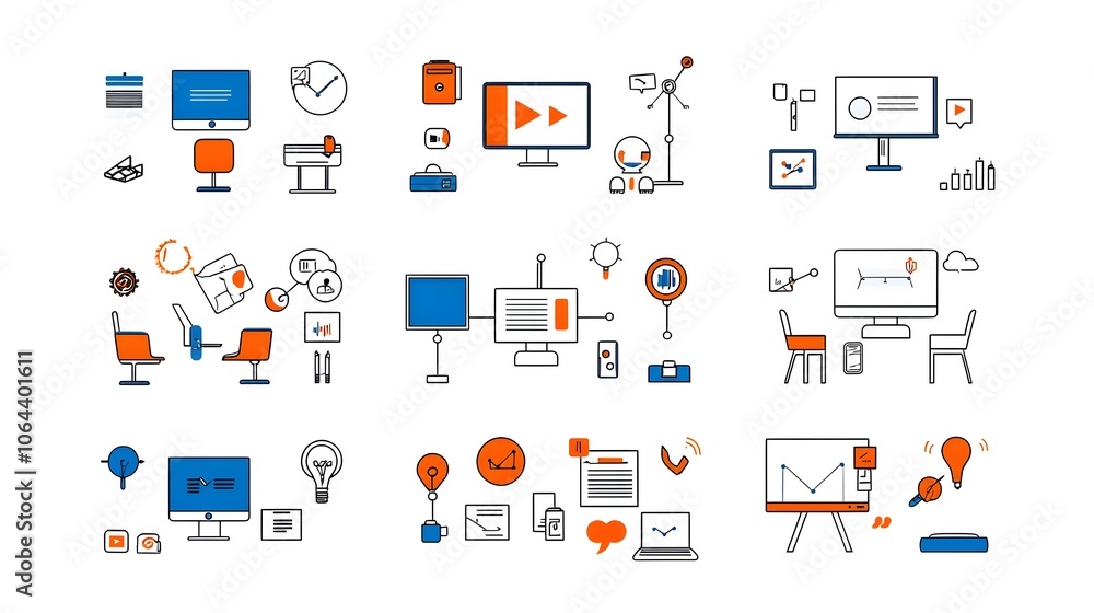A collection of minimalist line style icons depicting elements of online webinars business meetings team work productivity on a clean white background A collection of minimalist line style icons depicting elements of online webinars business meetings team work productivity on a clean white background