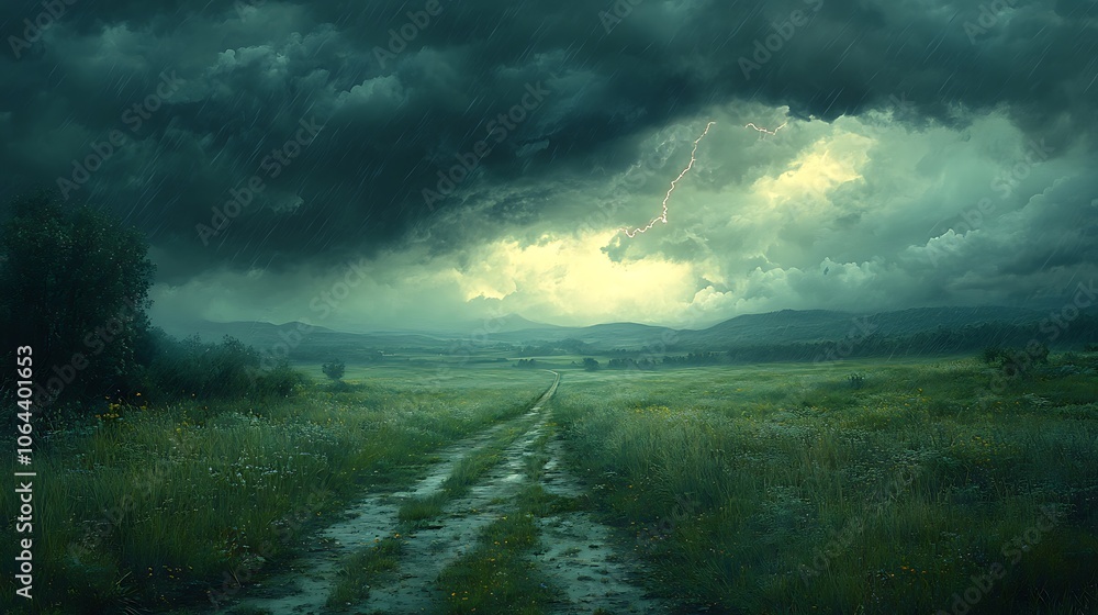 A dirt road leads through a green field towards a storm with lightning striking in the distance. A dirt road leads through a green field towards a storm with lightning striking in the distance.