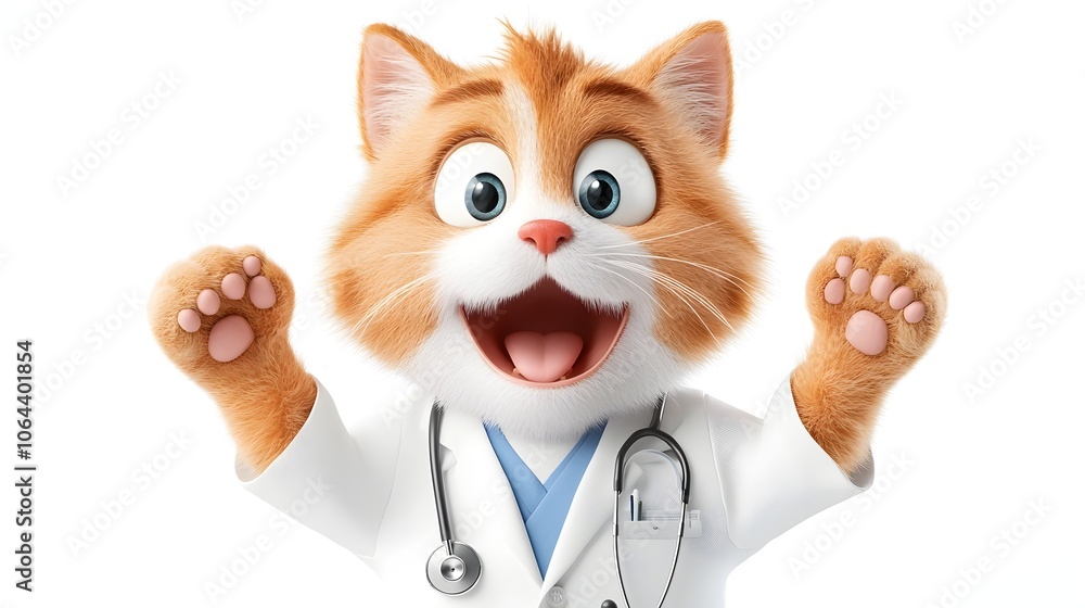 A confident cartoon cat character dressed in a white medical coat and holding a stethoscope standing on a plain white background This depicts a friendly A confident cartoon cat character dressed in a white medical coat and holding a stethoscope standing on a plain white background This depicts a friendly