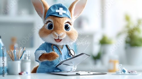 Delightful of a playful rabbit dressed in a nurse s uniform with a small cap and clipboard depicted in a gentle watercolor style on a white background  Whimsical imaginative photo