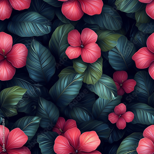 Wallpaper Mural Seamless pattern with tropical leaves and exotic flowers, vibrant greens and pinks, flowing organic shapes, dense foliage, high detail, realistic textures, deep shadows, tropical aesthetic Torontodigital.ca