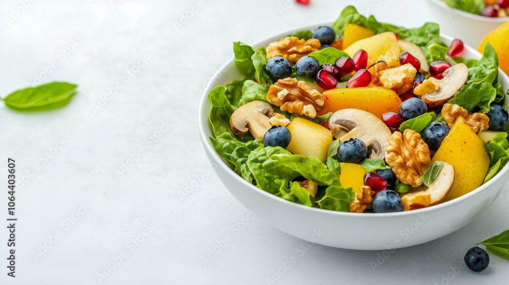 Autumn salad consisting of lamb's lettuce, mushrooms, fried pears, blueberries, pomegranate seeds and walnuts Autumn salad consisting of lamb's lettuce, mushrooms, fried pears, blueberries, pomegranate seeds and walnuts