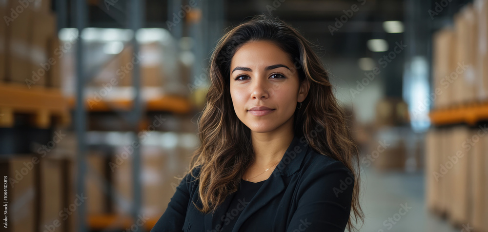 Confident Businesswoman in Warehouse Setting with Arms Crossed Confident Businesswoman in Warehouse Setting with Arms Crossed