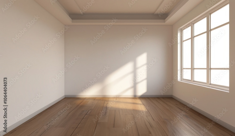 Minimalist interior design with white walls, wooden floor, a small table with a plant, and a hanging light bulb Minimalist interior design with white walls, wooden floor, a small table with a plant, and a hanging light bulb