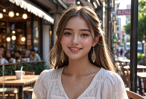 Portrait of a beautiful girl sitting in a coffee shop with a charming pose and smile photo